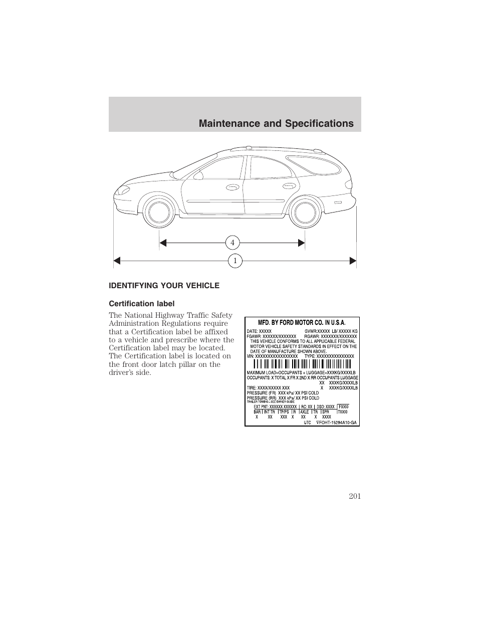 Maintenance and specifications | FORD 2003 Taurus v.3 User Manual | Page 201 / 216