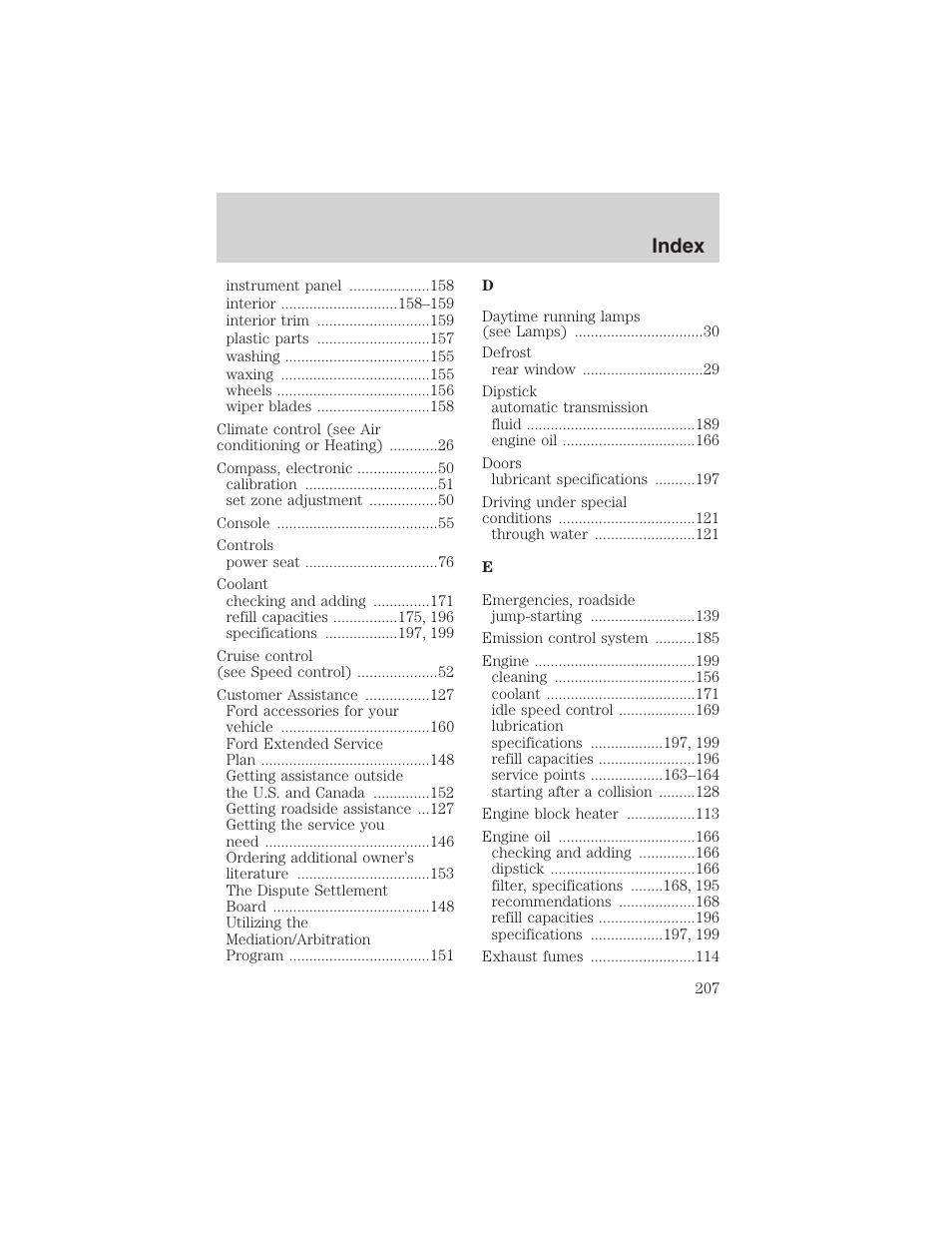 Index | FORD 2003 Taurus v.3 User Manual | Page 207 / 216