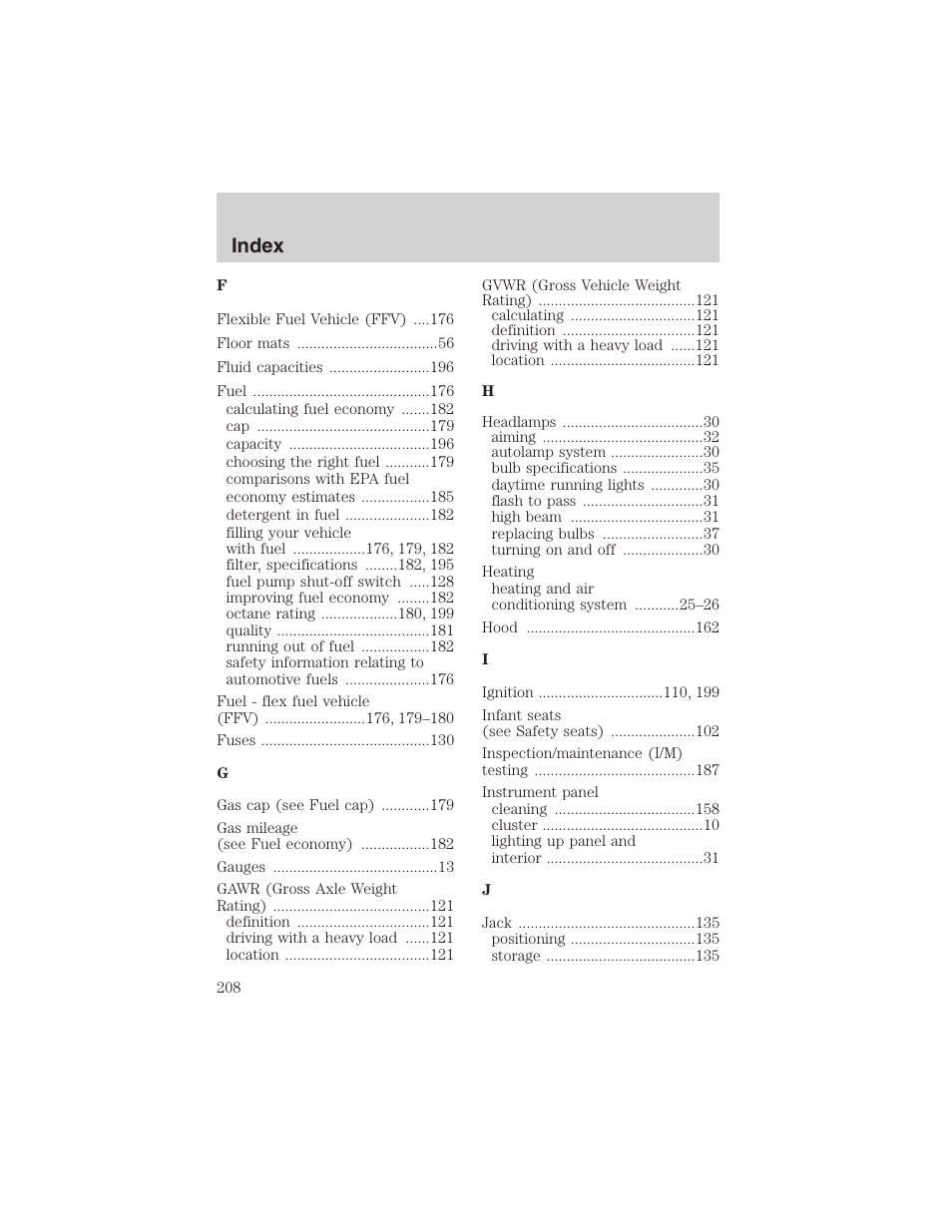 Index | FORD 2003 Taurus v.3 User Manual | Page 208 / 216