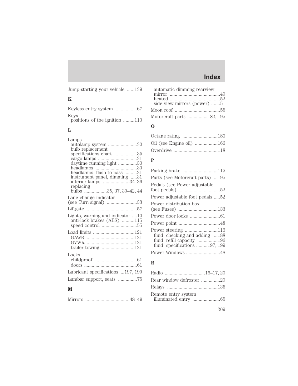 Index | FORD 2003 Taurus v.3 User Manual | Page 209 / 216