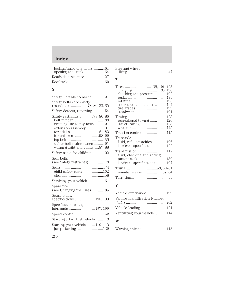Index | FORD 2003 Taurus v.3 User Manual | Page 210 / 216