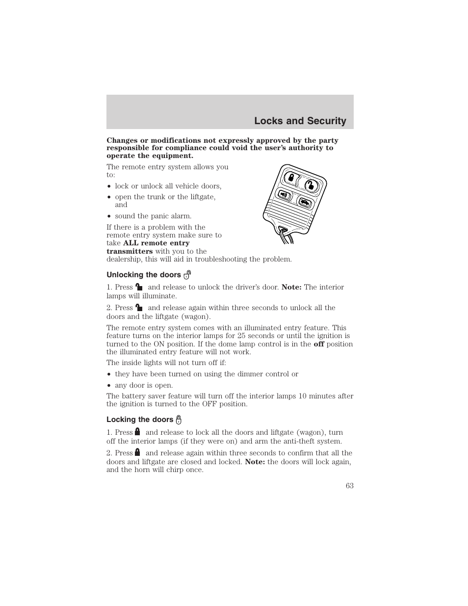 Locks and security | FORD 2003 Taurus v.3 User Manual | Page 63 / 216