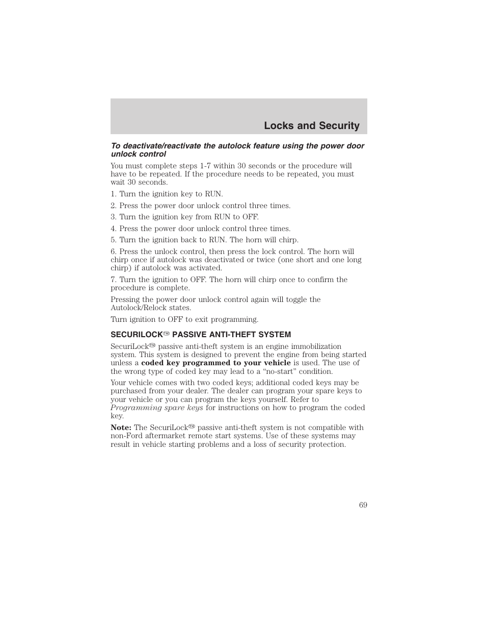 Locks and security | FORD 2003 Taurus v.3 User Manual | Page 69 / 216