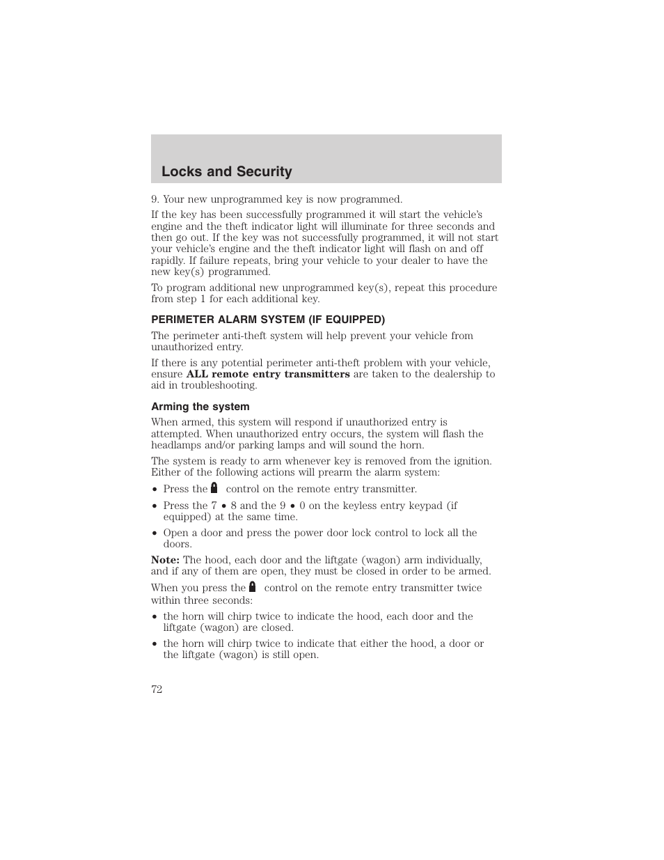 Locks and security | FORD 2003 Taurus v.3 User Manual | Page 72 / 216