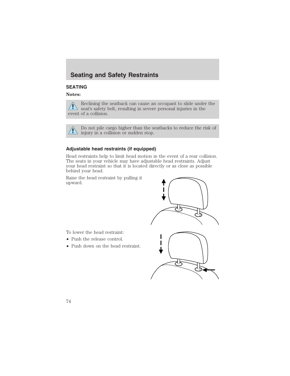 Seating and safety restraints | FORD 2003 Taurus v.3 User Manual | Page 74 / 216