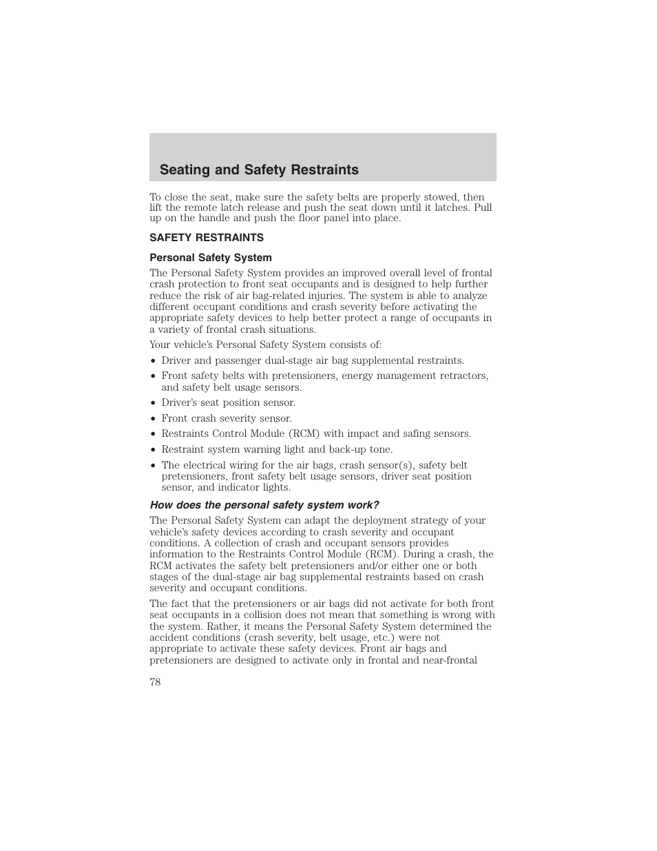 Seating and safety restraints | FORD 2003 Taurus v.3 User Manual | Page 78 / 216