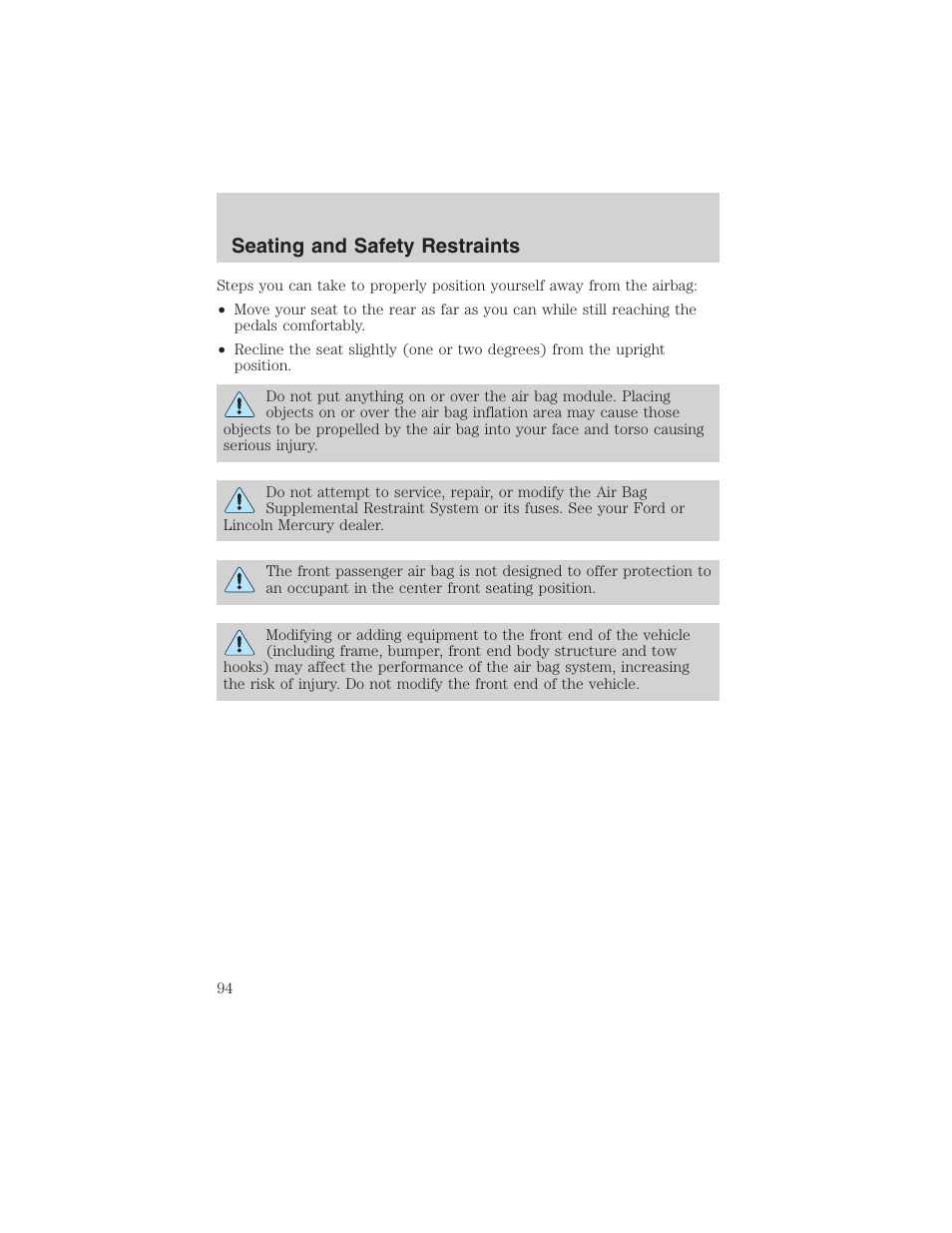 Seating and safety restraints | FORD 2003 Taurus v.3 User Manual | Page 94 / 216