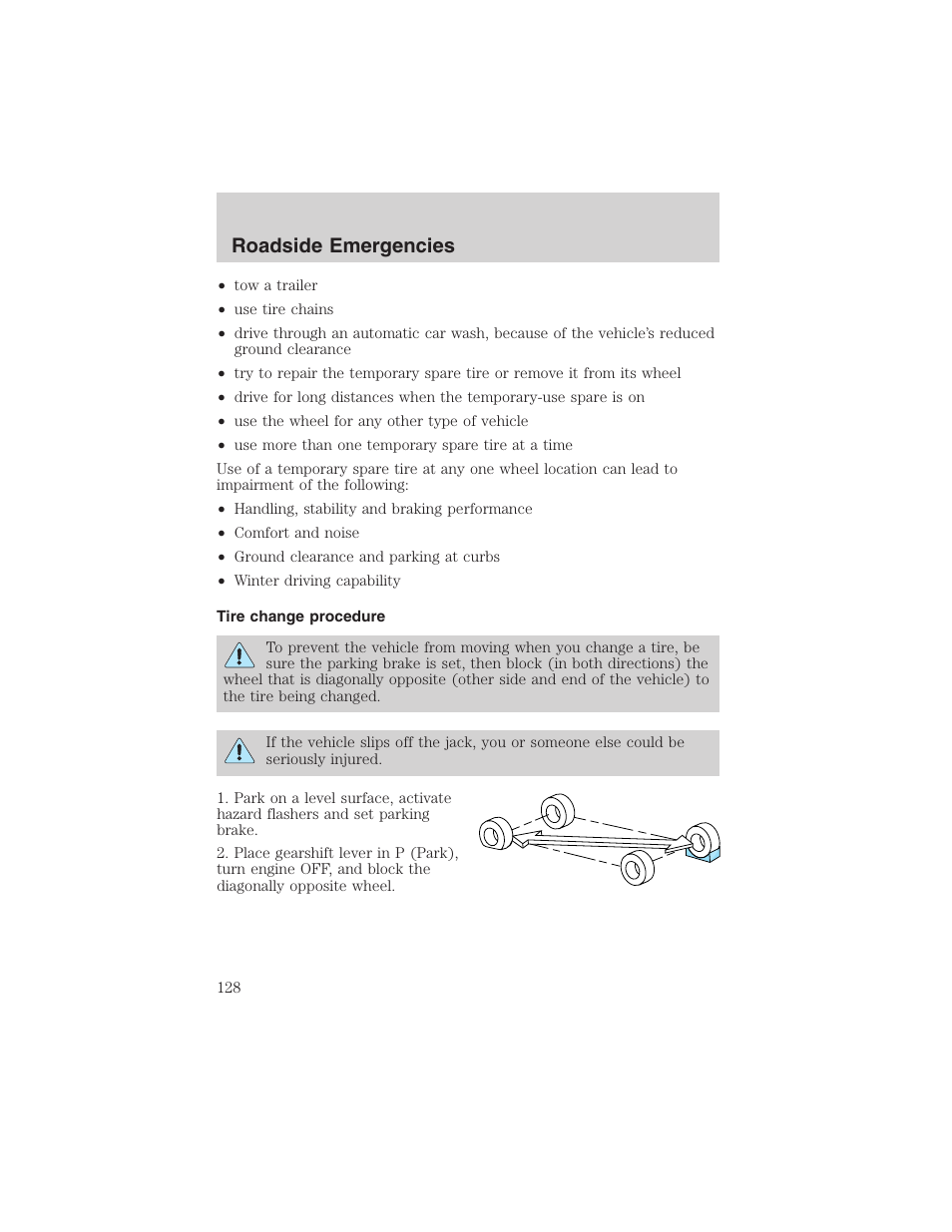 Roadside emergencies | FORD 2003 Thunderbird v.1 User Manual | Page 128 / 200