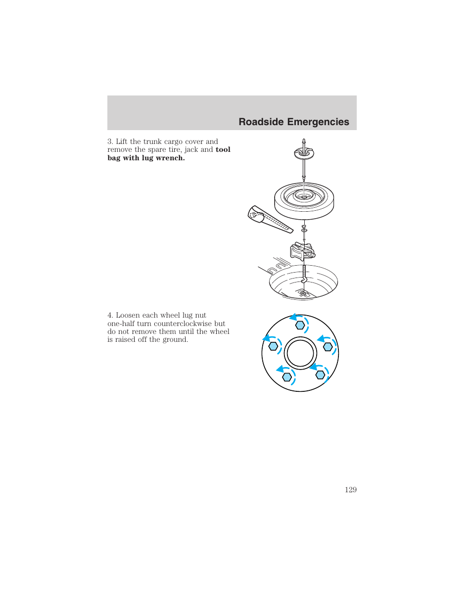 Roadside emergencies | FORD 2003 Thunderbird v.1 User Manual | Page 129 / 200