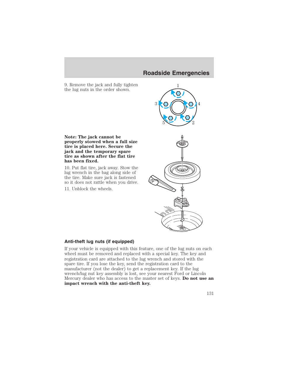 Roadside emergencies | FORD 2003 Thunderbird v.1 User Manual | Page 131 / 200