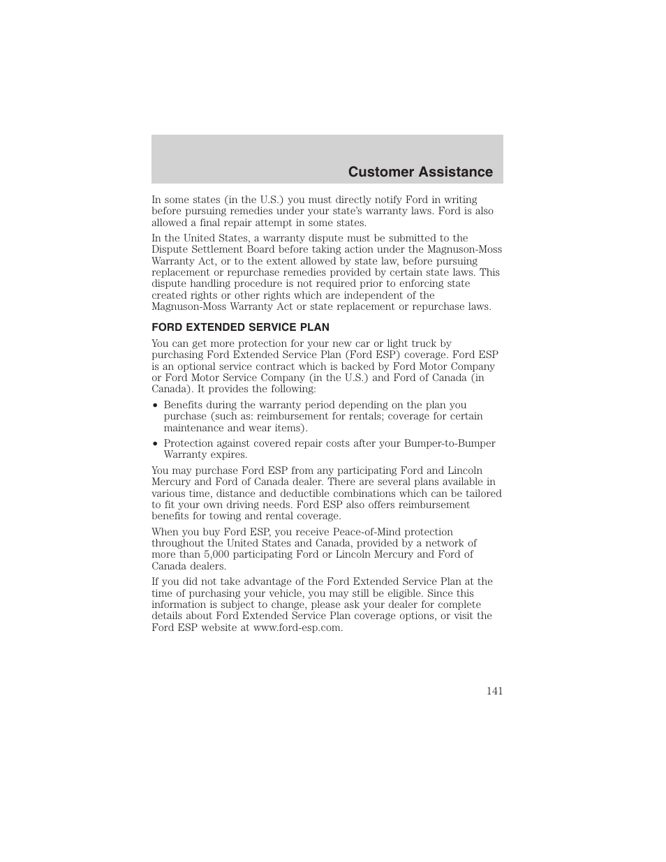 Customer assistance | FORD 2003 Thunderbird v.1 User Manual | Page 141 / 200