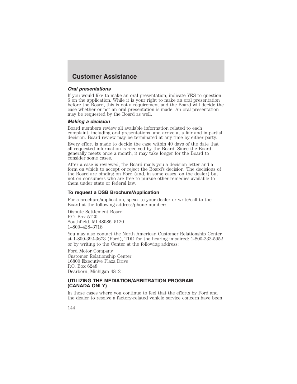 Customer assistance | FORD 2003 Thunderbird v.1 User Manual | Page 144 / 200