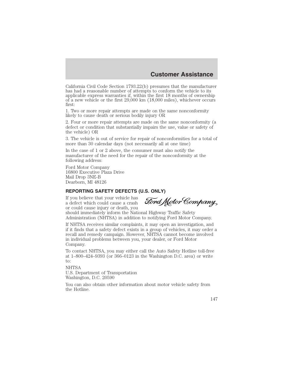 Customer assistance | FORD 2003 Thunderbird v.1 User Manual | Page 147 / 200