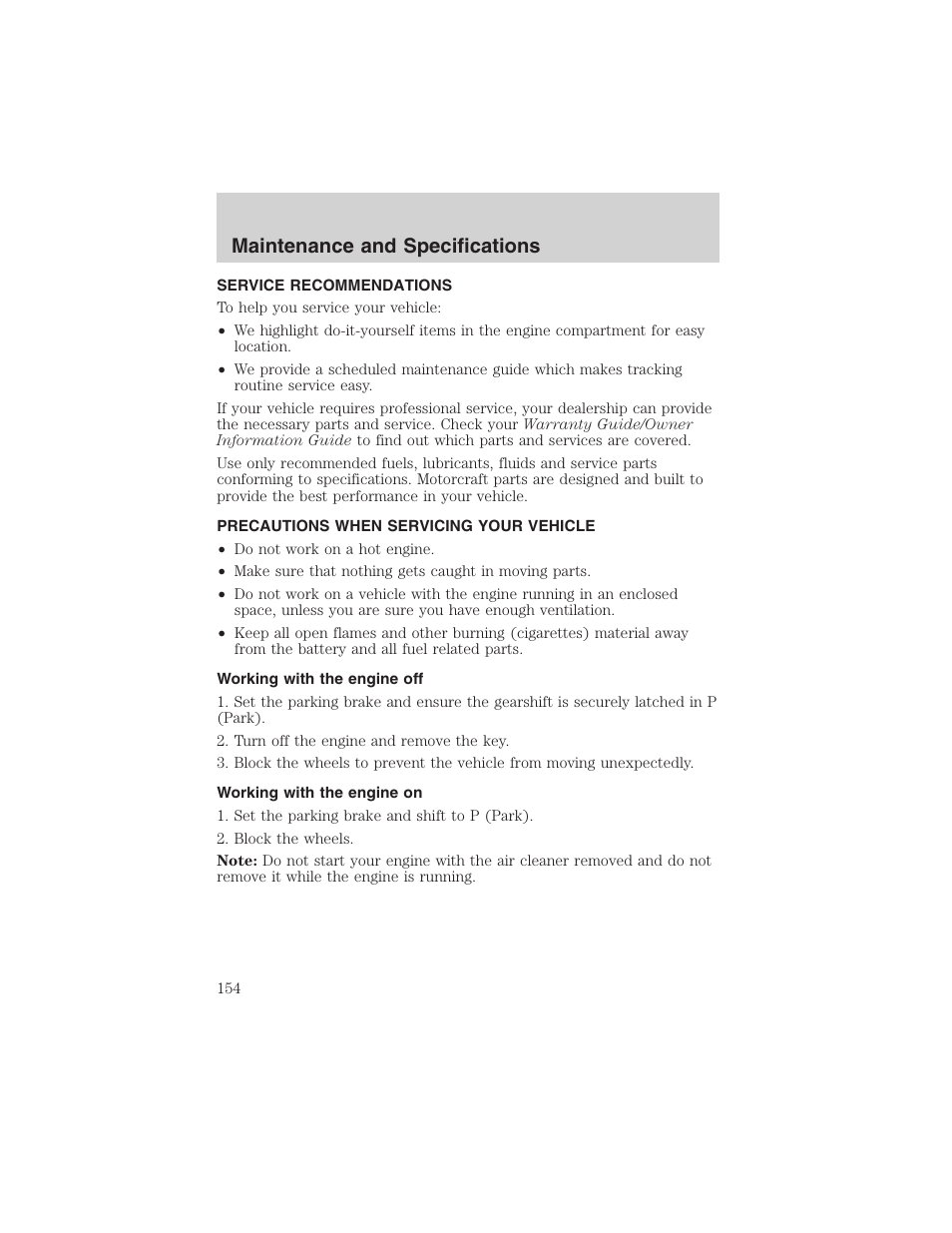 Maintenance and specifications | FORD 2003 Thunderbird v.1 User Manual | Page 154 / 200