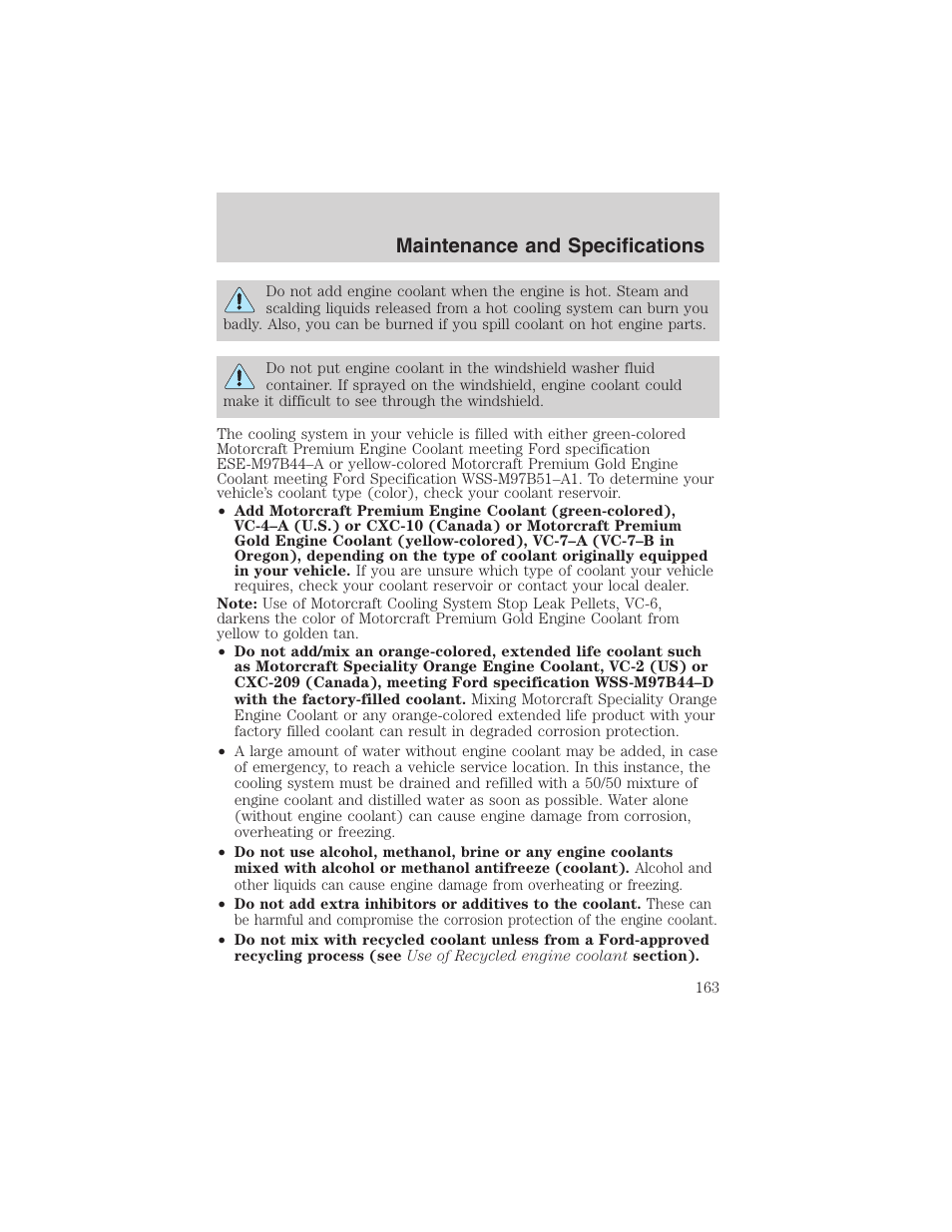 Maintenance and specifications | FORD 2003 Thunderbird v.1 User Manual | Page 163 / 200