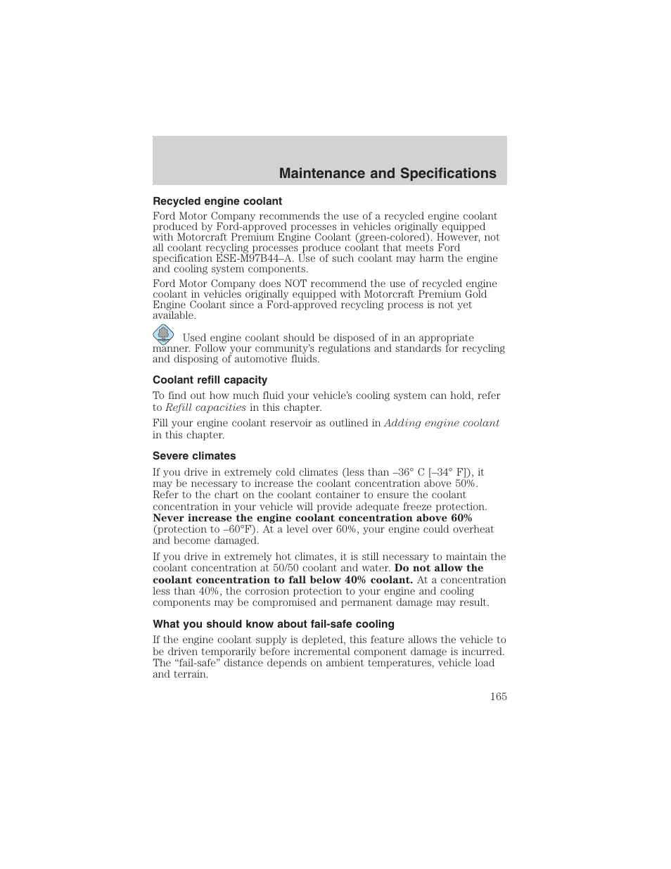 Maintenance and specifications | FORD 2003 Thunderbird v.1 User Manual | Page 165 / 200