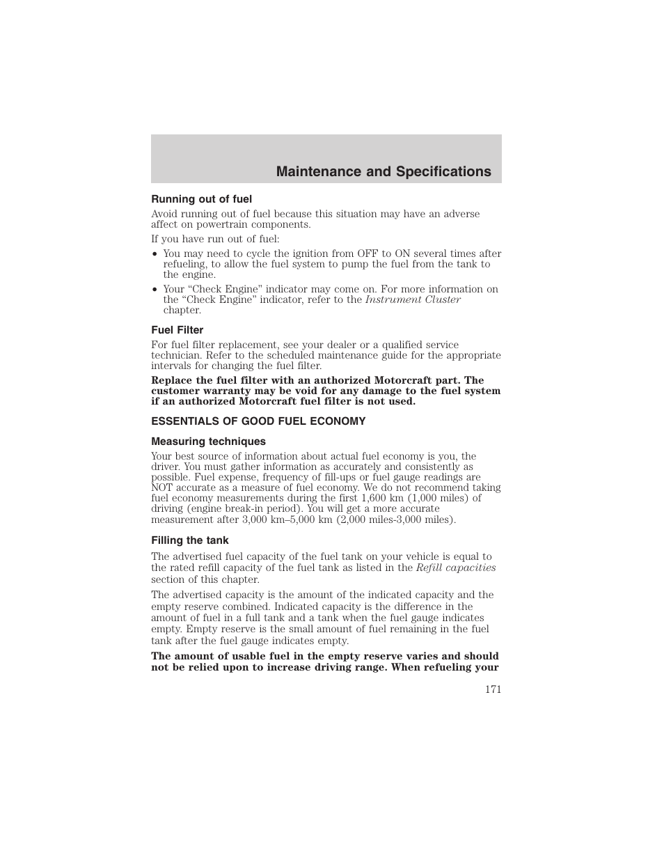 Maintenance and specifications | FORD 2003 Thunderbird v.1 User Manual | Page 171 / 200