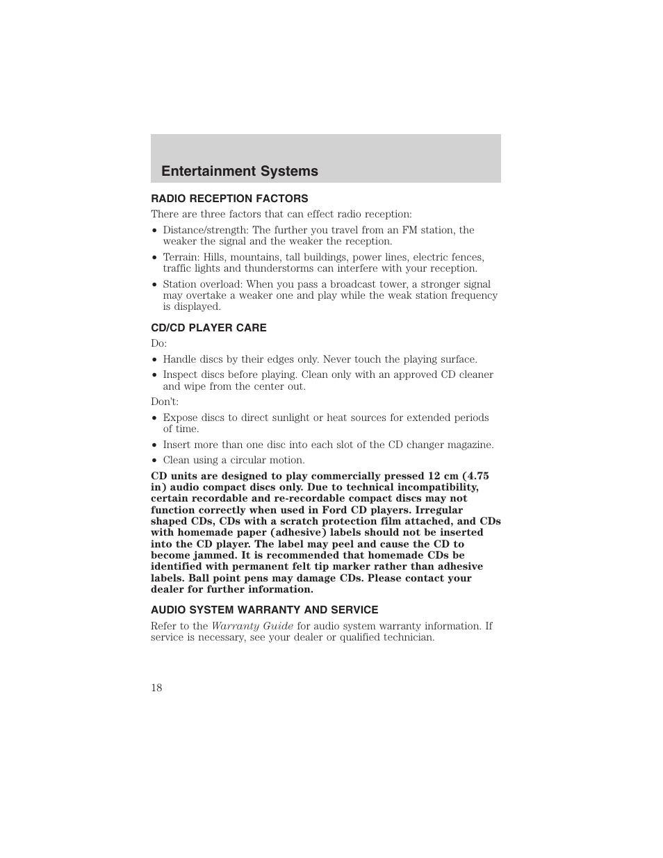 Entertainment systems | FORD 2003 Thunderbird v.1 User Manual | Page 18 / 200