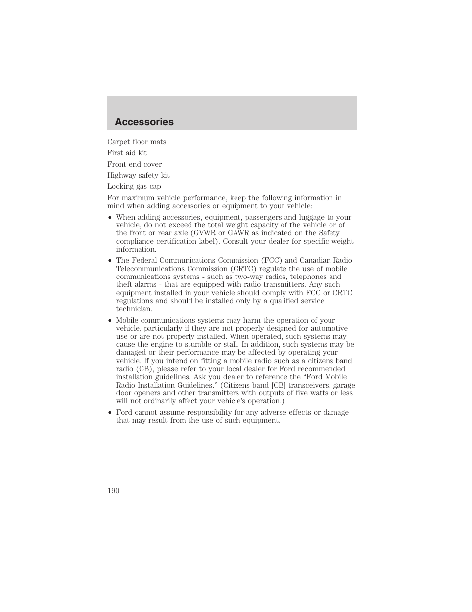 Accessories | FORD 2003 Thunderbird v.1 User Manual | Page 190 / 200