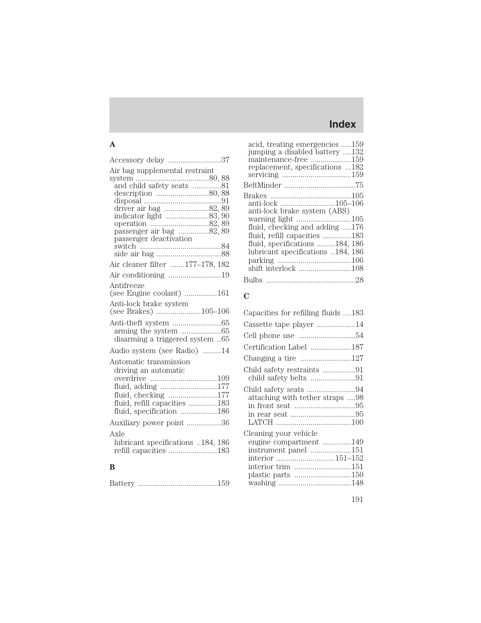 Index | FORD 2003 Thunderbird v.1 User Manual | Page 191 / 200