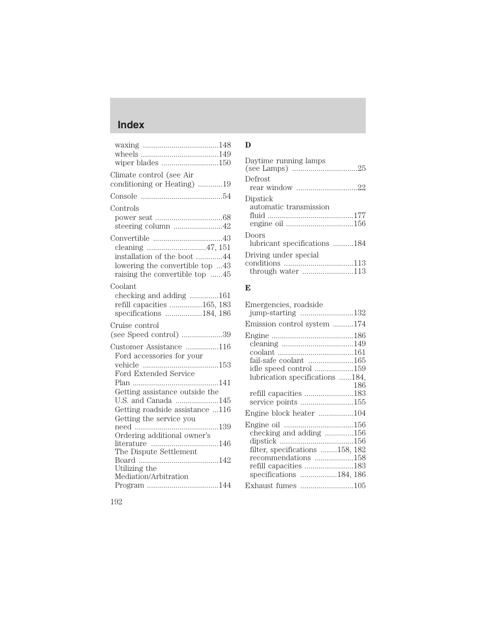 Index | FORD 2003 Thunderbird v.1 User Manual | Page 192 / 200