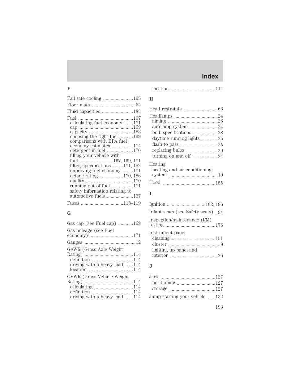 Index | FORD 2003 Thunderbird v.1 User Manual | Page 193 / 200