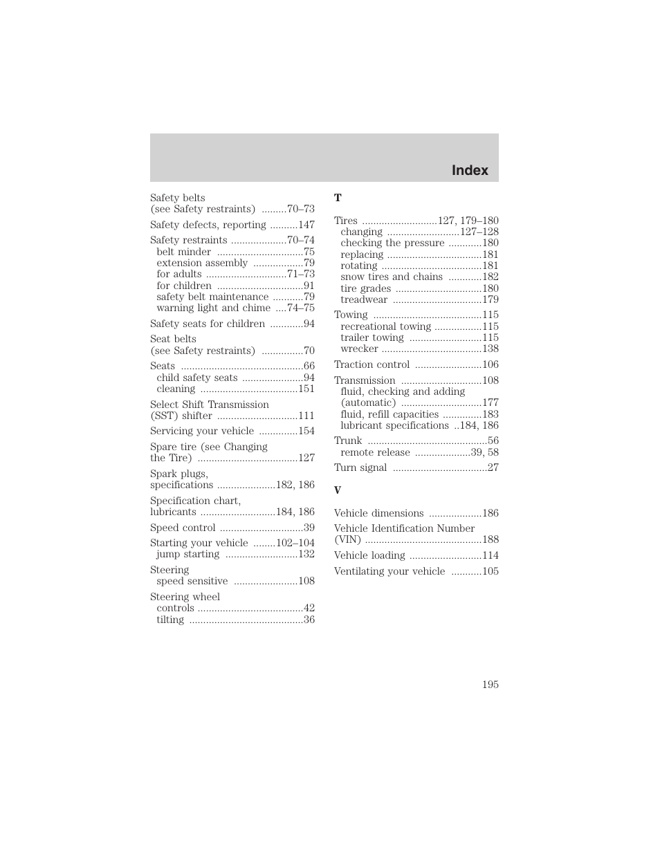 Index | FORD 2003 Thunderbird v.1 User Manual | Page 195 / 200