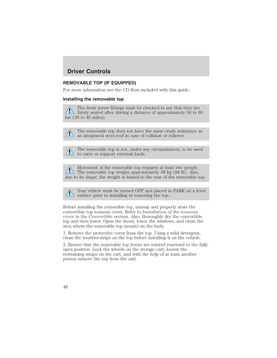 Driver controls | FORD 2003 Thunderbird v.1 User Manual | Page 48 / 200