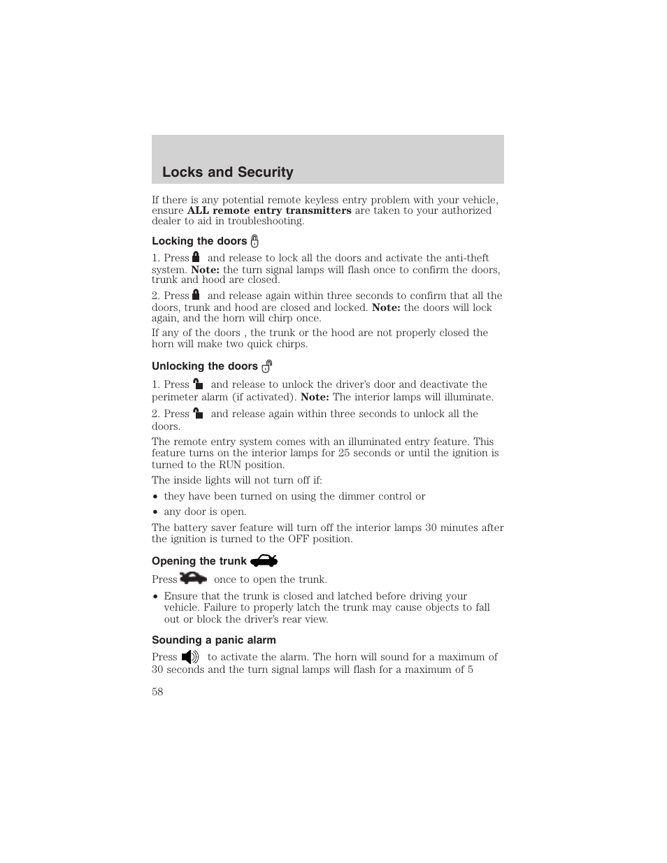 Locks and security | FORD 2003 Thunderbird v.1 User Manual | Page 58 / 200