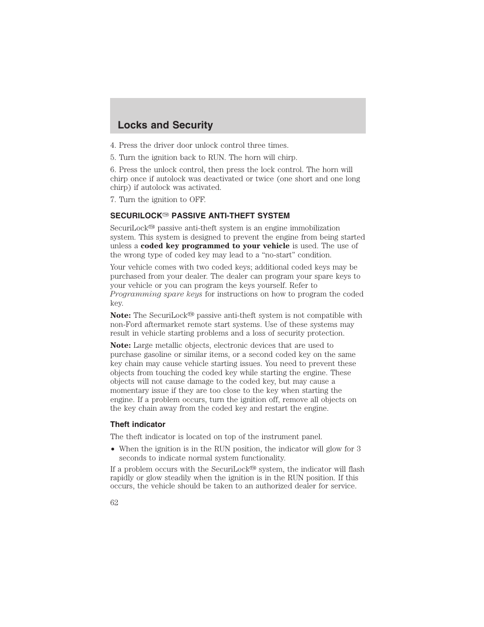Locks and security | FORD 2003 Thunderbird v.1 User Manual | Page 62 / 200