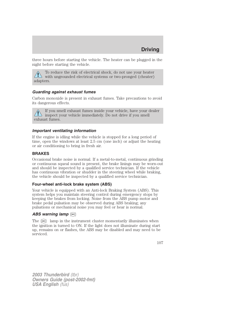 Driving | FORD 2003 Thunderbird v.2 User Manual | Page 107 / 200