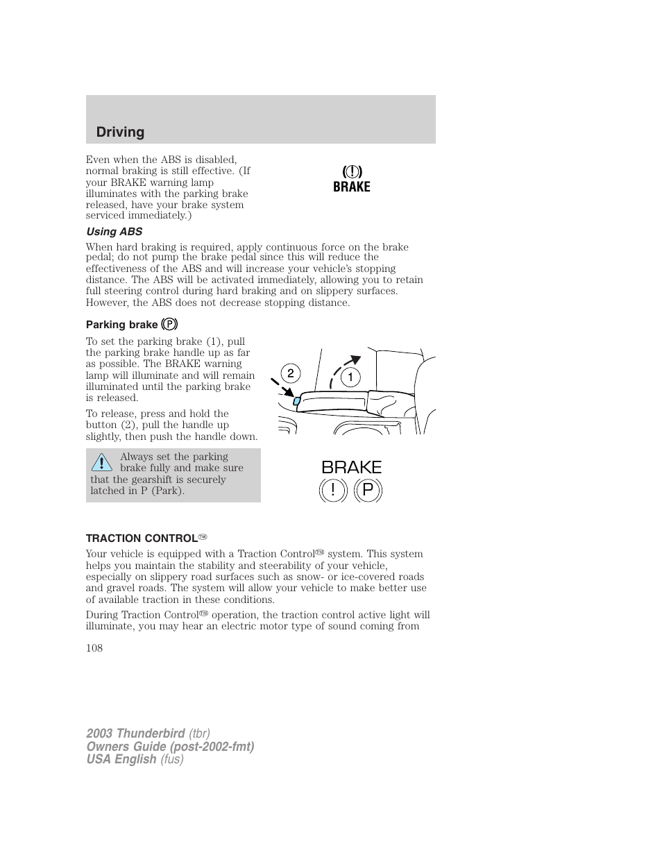 P! brake | FORD 2003 Thunderbird v.2 User Manual | Page 108 / 200