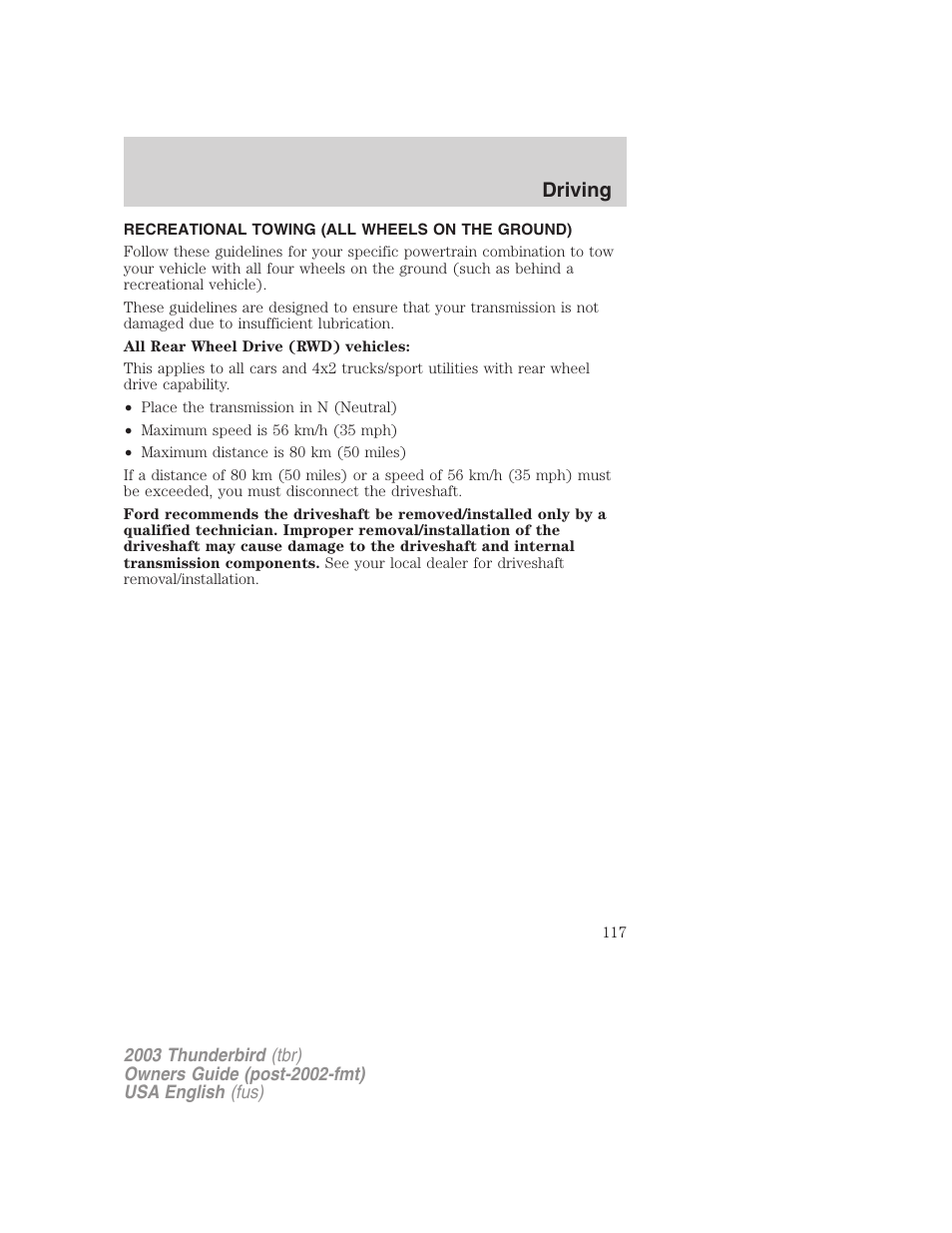 Driving | FORD 2003 Thunderbird v.2 User Manual | Page 117 / 200