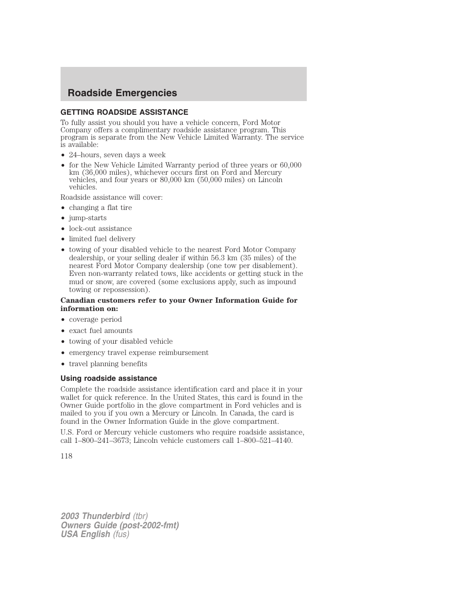 Roadside emergencies | FORD 2003 Thunderbird v.2 User Manual | Page 118 / 200