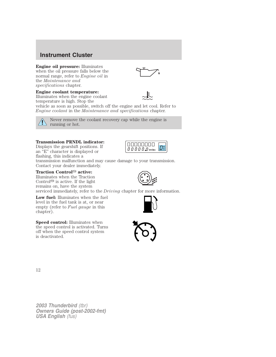 Instrument cluster | FORD 2003 Thunderbird v.2 User Manual | Page 12 / 200