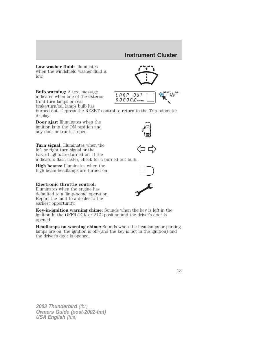 Instrument cluster | FORD 2003 Thunderbird v.2 User Manual | Page 13 / 200