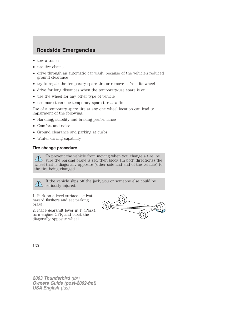 Roadside emergencies | FORD 2003 Thunderbird v.2 User Manual | Page 130 / 200