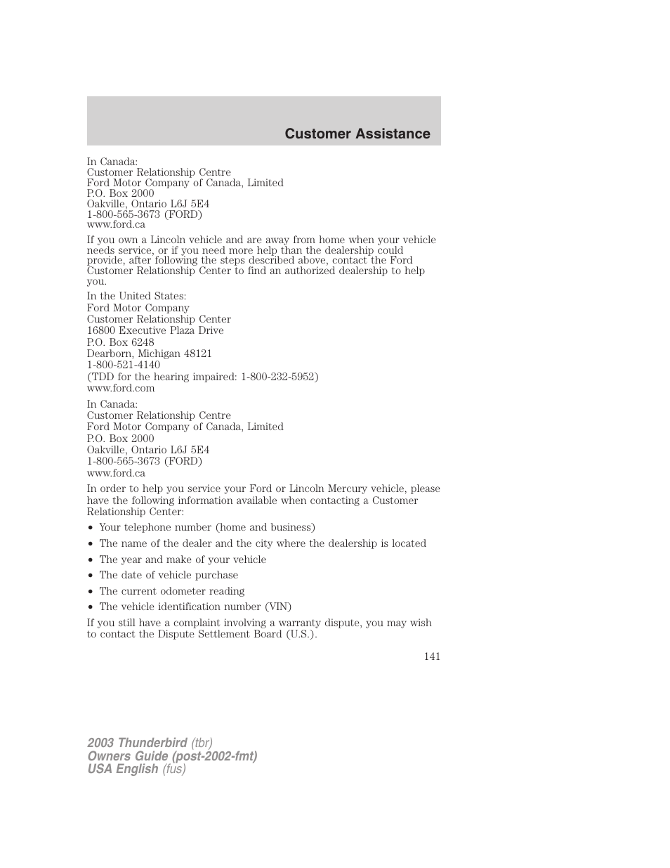 Customer assistance | FORD 2003 Thunderbird v.2 User Manual | Page 141 / 200