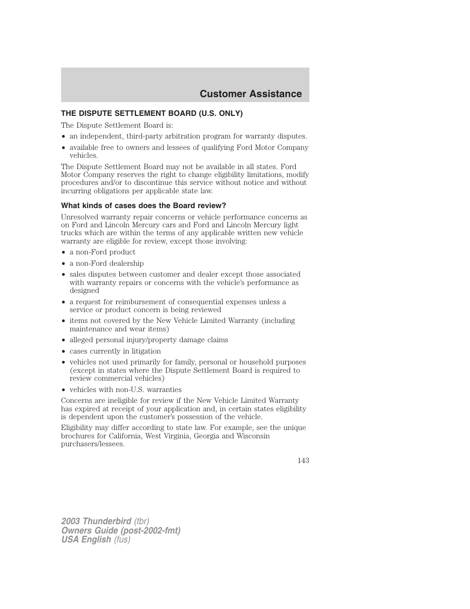 Customer assistance | FORD 2003 Thunderbird v.2 User Manual | Page 143 / 200