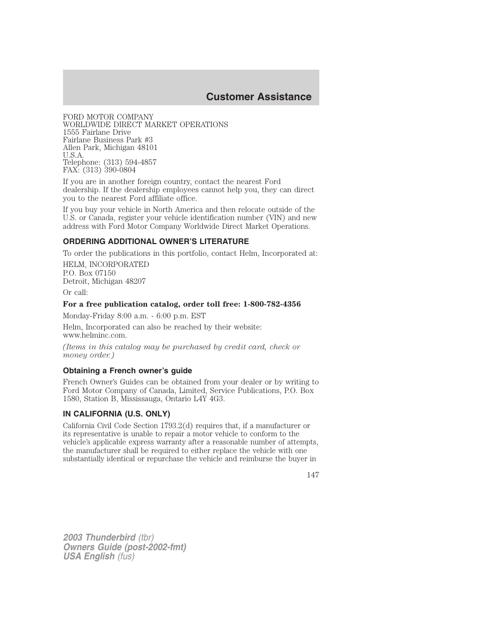 Customer assistance | FORD 2003 Thunderbird v.2 User Manual | Page 147 / 200