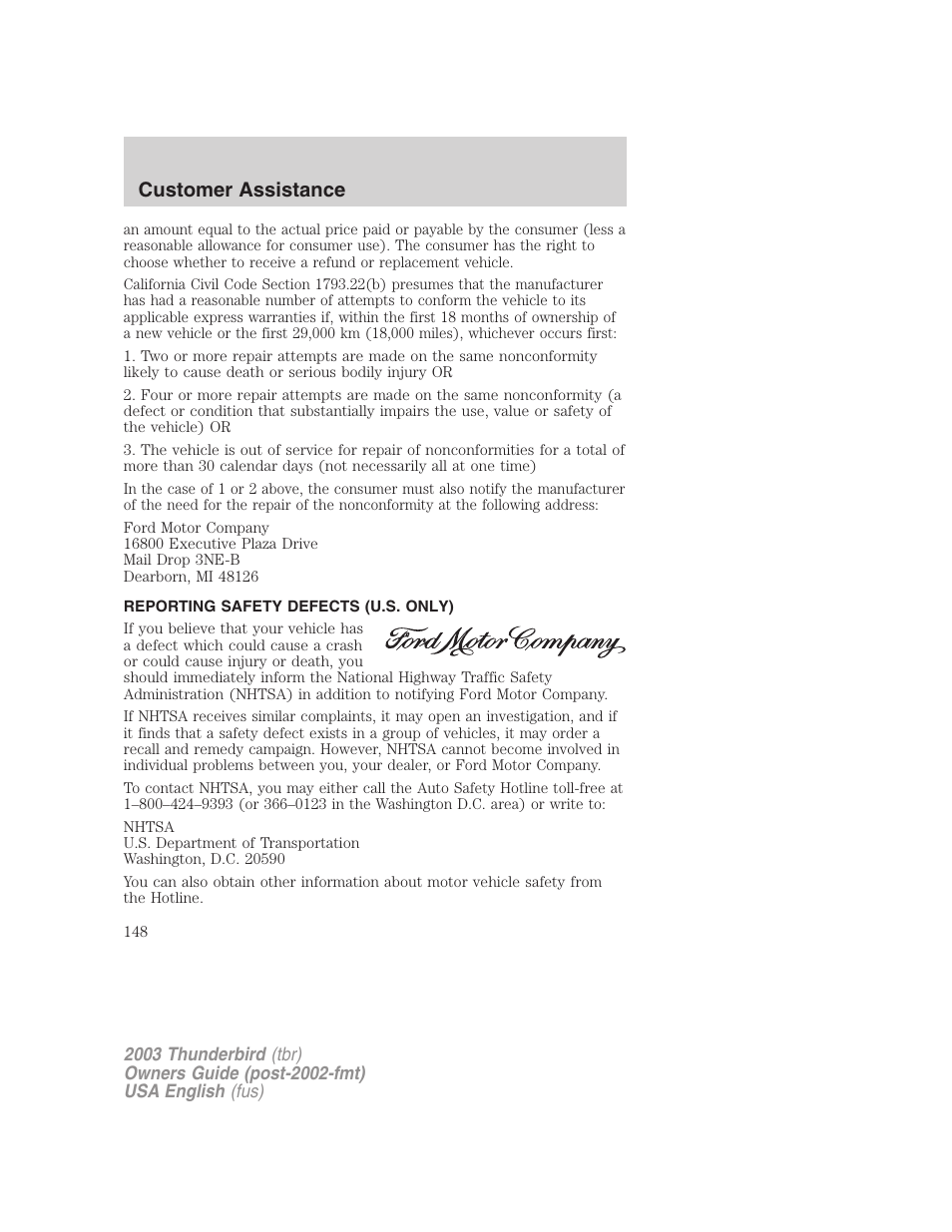 Customer assistance | FORD 2003 Thunderbird v.2 User Manual | Page 148 / 200