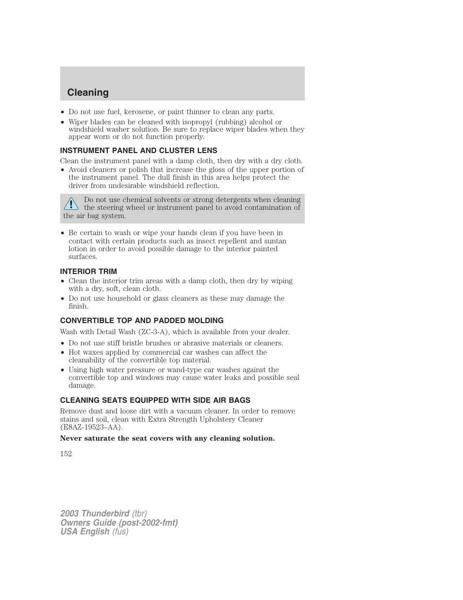 Cleaning | FORD 2003 Thunderbird v.2 User Manual | Page 152 / 200