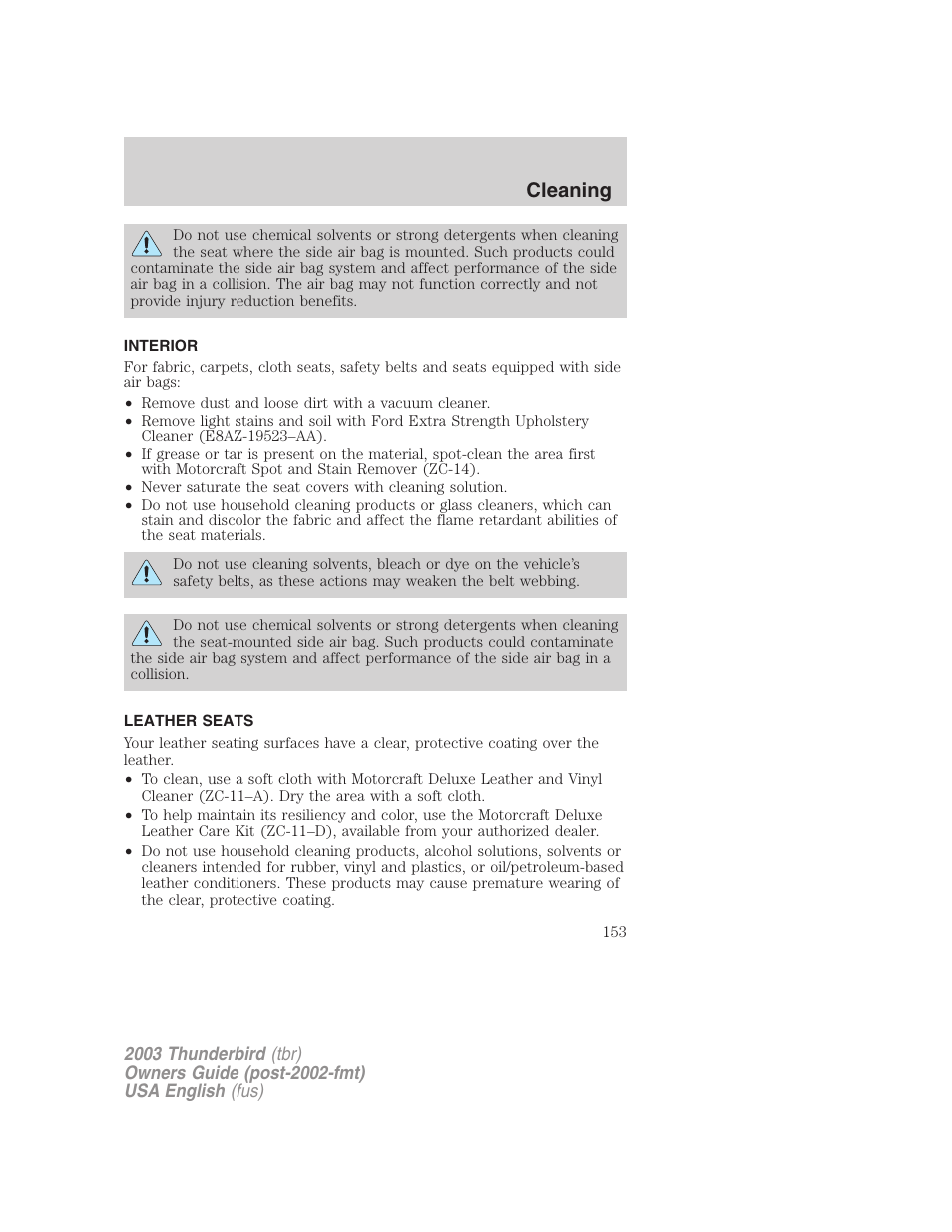 Cleaning | FORD 2003 Thunderbird v.2 User Manual | Page 153 / 200