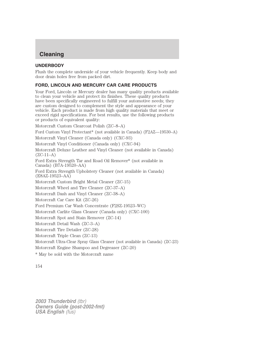 Cleaning | FORD 2003 Thunderbird v.2 User Manual | Page 154 / 200