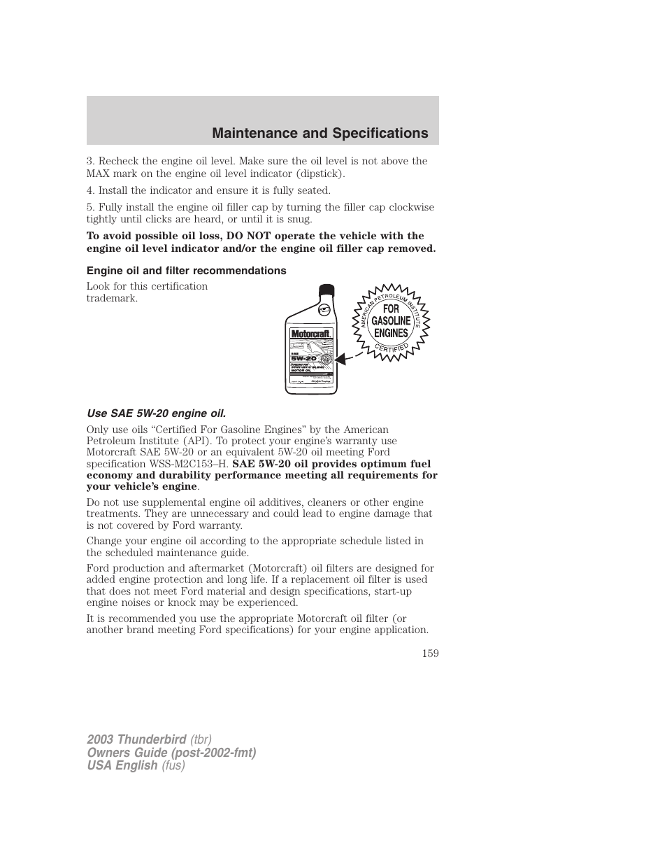 Maintenance and specifications | FORD 2003 Thunderbird v.2 User Manual | Page 159 / 200