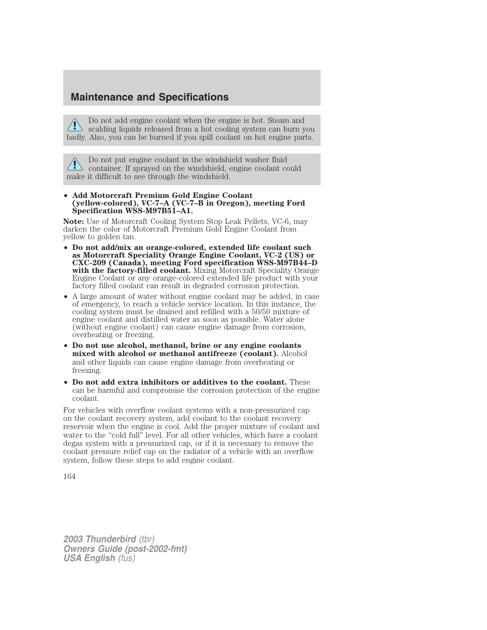 Maintenance and specifications | FORD 2003 Thunderbird v.2 User Manual | Page 164 / 200