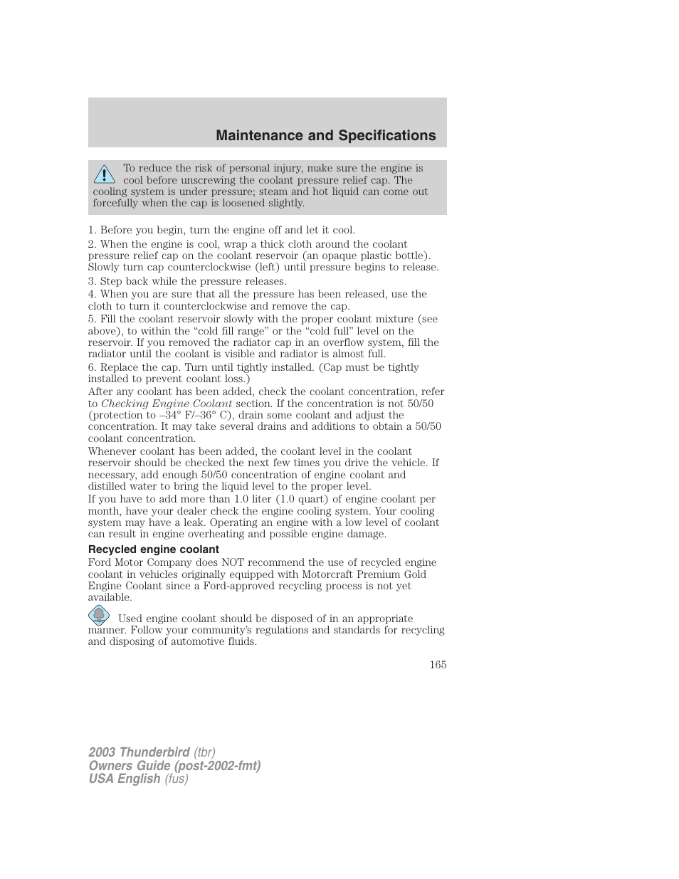 Maintenance and specifications | FORD 2003 Thunderbird v.2 User Manual | Page 165 / 200