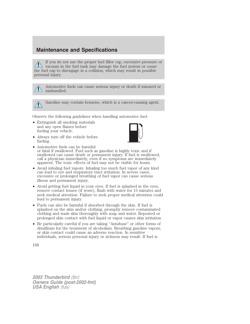 Maintenance and specifications | FORD 2003 Thunderbird v.2 User Manual | Page 168 / 200