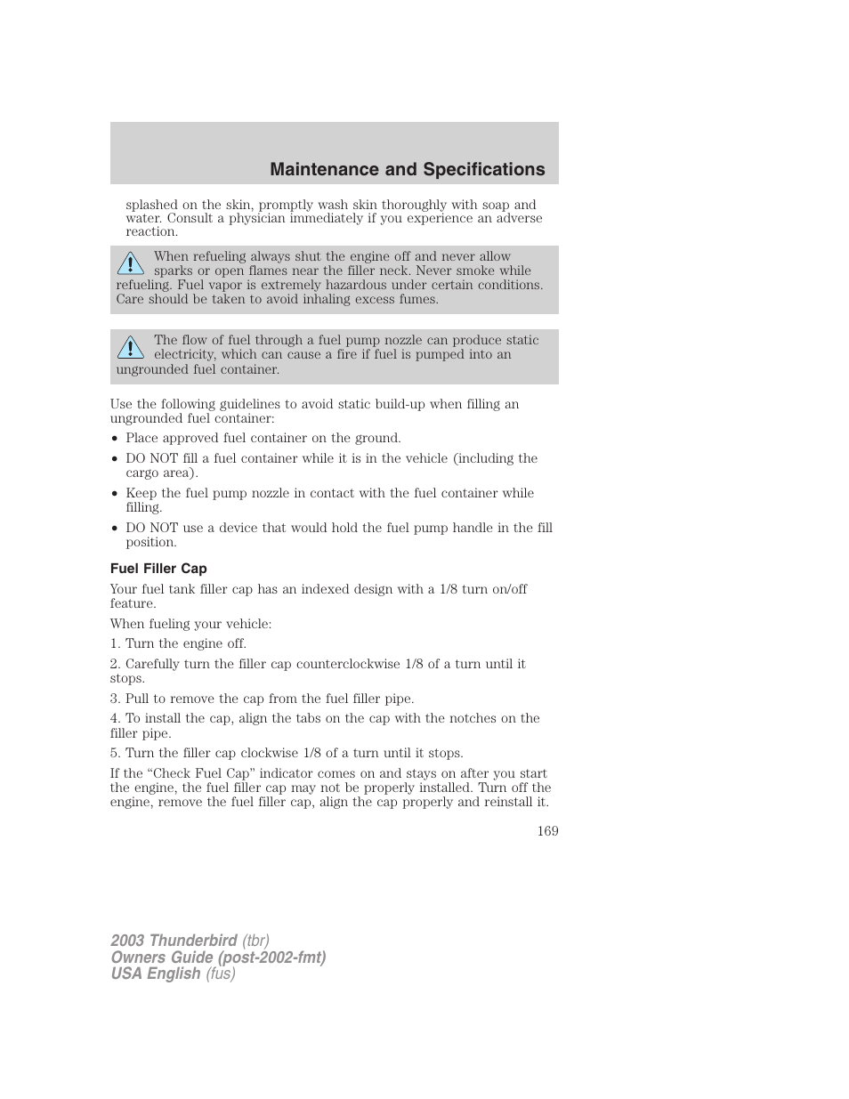 Maintenance and specifications | FORD 2003 Thunderbird v.2 User Manual | Page 169 / 200