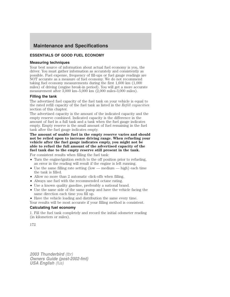 Maintenance and specifications | FORD 2003 Thunderbird v.2 User Manual | Page 172 / 200